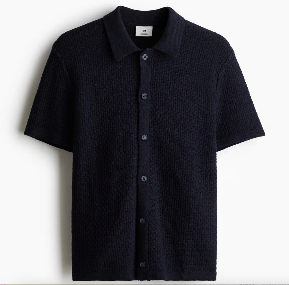 H&M Navy Blue Textured Knit Button Down Sweater Shirt L Large Regular Fit